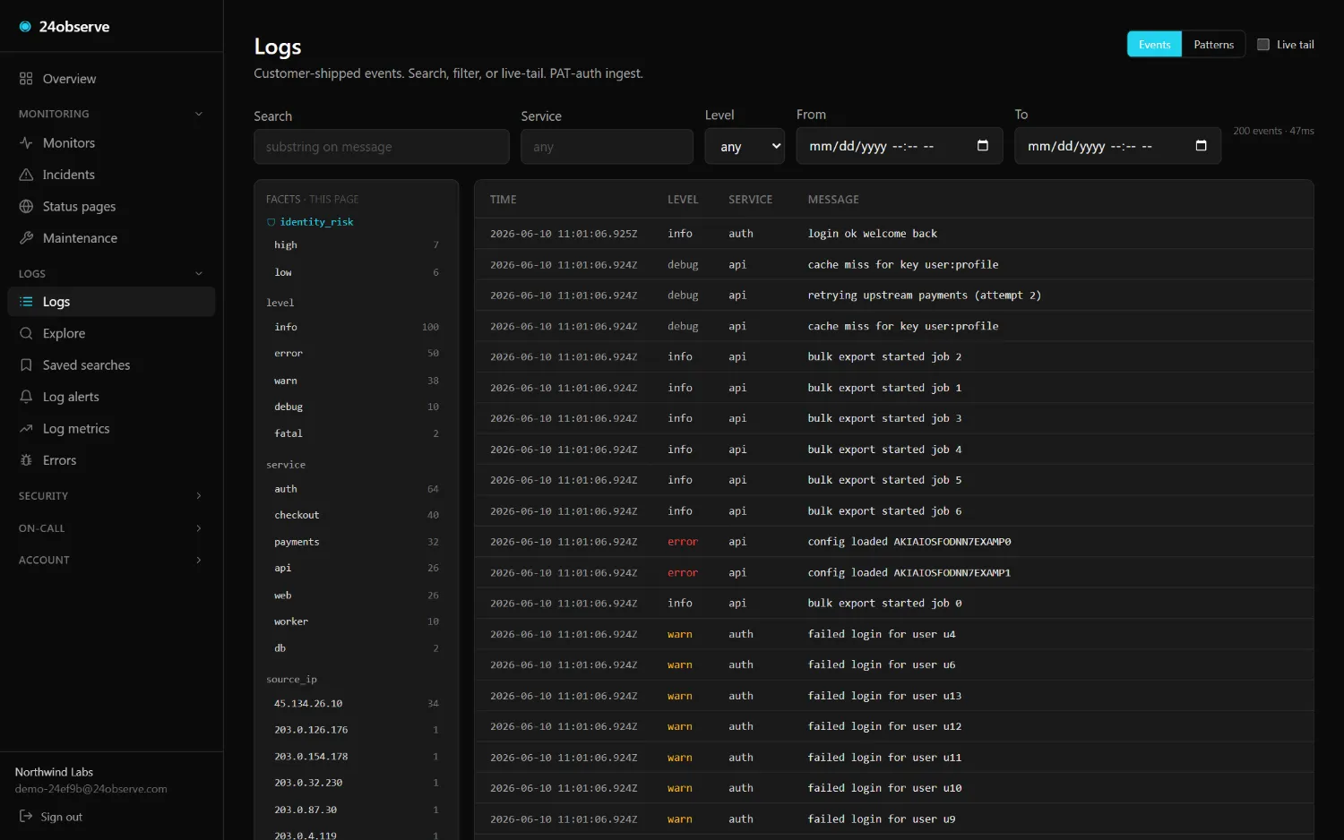 24observe dashboard — Logs · search + facets