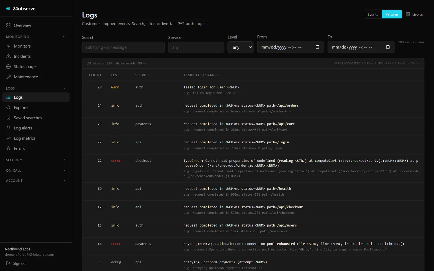 24observe dashboard — Pattern grouping