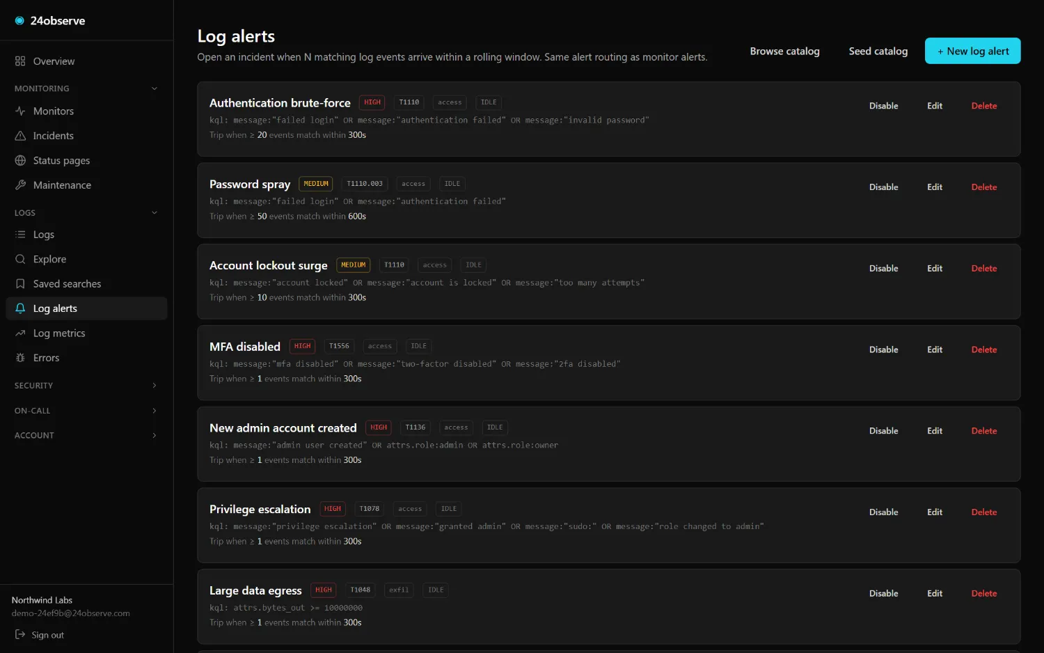 24observe dashboard — Detections · 22 ATT&CK rules