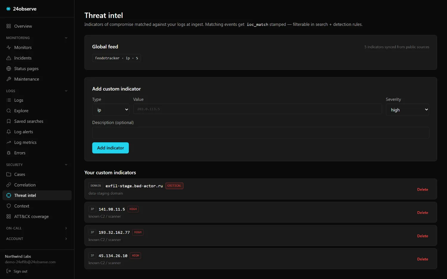 24observe dashboard — Threat-intel · IOCs