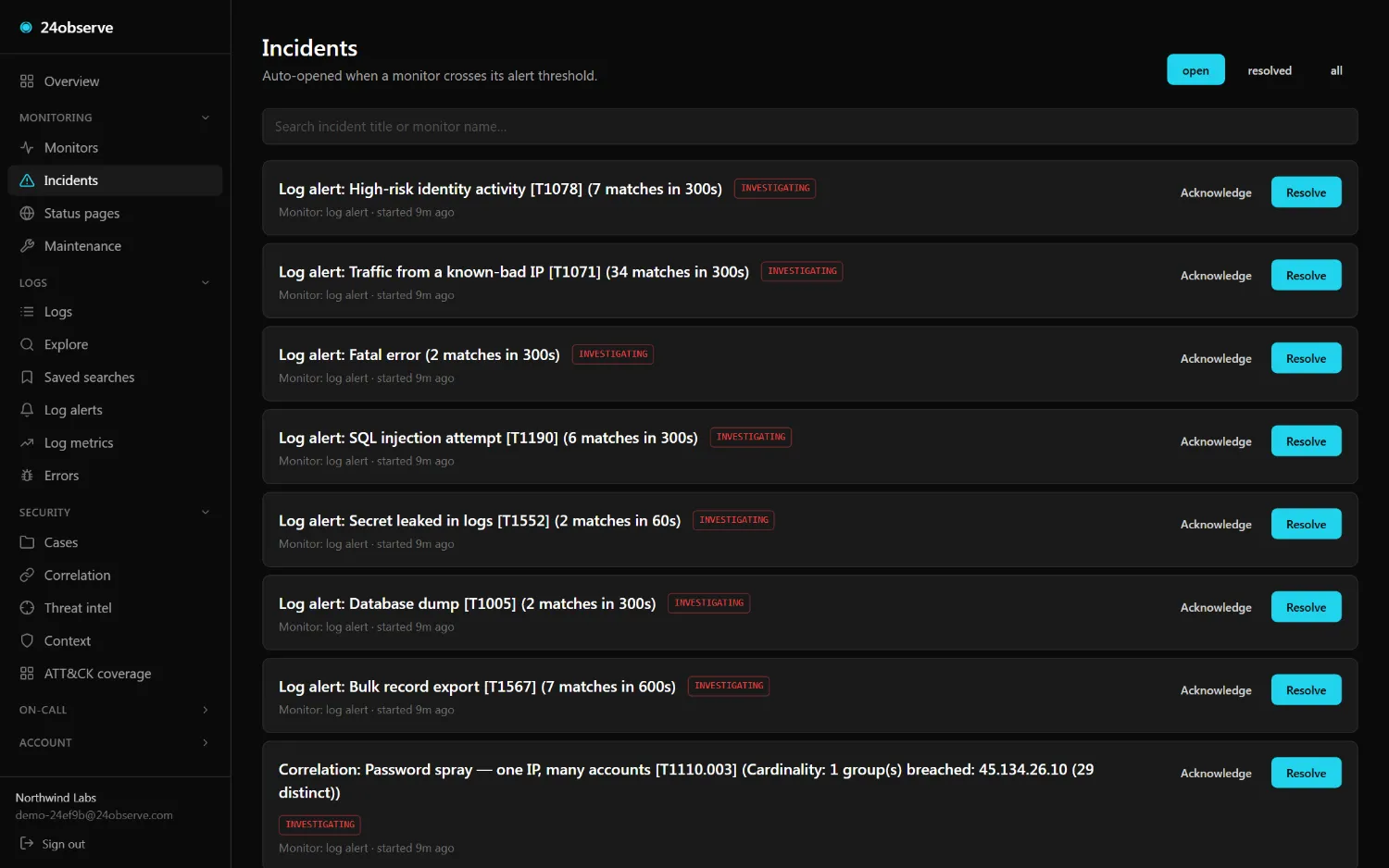24observe dashboard — Incidents